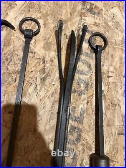 Vintage black wrought iron fireplace tool set lot 5 pieces heavy Lehmans