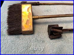 Vintage brass duck head fireplace 5 piece tool set fire poker wood grabber tongs