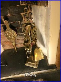 Vintage brass fireplace andirons 1940' companion tools set
