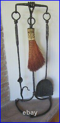 Vintage forged wrought iron steel fireplace tool set twisted vine whisk broom