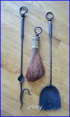 Vintage forged wrought iron steel fireplace tool set twisted vine whisk broom