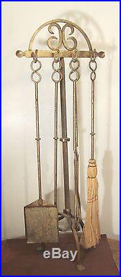 Vintage hand made wrought iron large gold gilded fireplace tool poker broom set