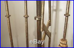 Vintage hand made wrought iron large gold gilded fireplace tool poker broom set
