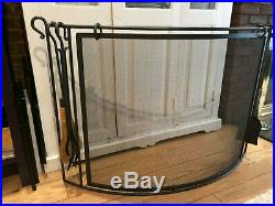 Vintage rot iron fireplace screen and full tool set