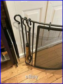 Vintage rot iron fireplace screen and full tool set