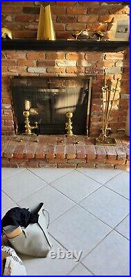 Vintage solid brass fireplace andirons, screen and complete tool set