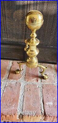 Vintage solid brass fireplace andirons, screen and complete tool set