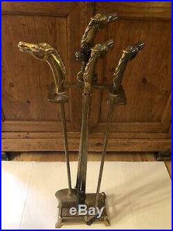 Vintage1950's Equestrian Horse Head Solid Brass Fireplace Tool Set 5 Pieces