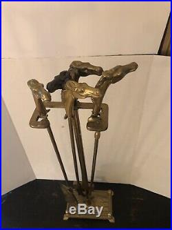 Vintage1950's Equestrian Horse Head Solid Brass Fireplace Tool Set 5 Pieces