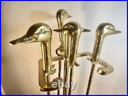 Vntg Solid Brass Mallard Duck Head 5 Pc Fireplace Tool Set EXCELLENT Condition