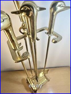 Vntg Solid Brass Mallard Duck Head 5 Pc Fireplace Tool Set EXCELLENT Condition