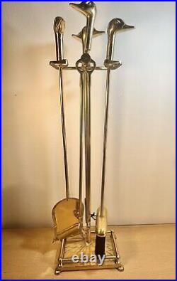 Vntg Solid Brass Mallard Duck Head 5 Pc Fireplace Tool Set EXCELLENT Condition