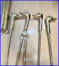 Vntg Solid Brass Mallard Duck Head 5 Pc Fireplace Tool Set EXCELLENT Condition