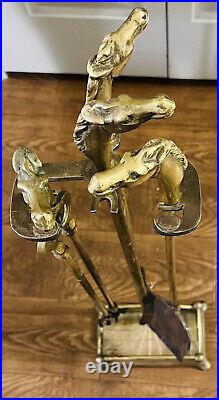 Vtg 1950's 4pc BRASS Fireplace Tools HORSE HEAD HANDLES Poker Shovel Tongs Stand