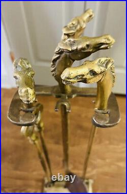 Vtg 1950's 4pc BRASS Fireplace Tools HORSE HEAD HANDLES Poker Shovel Tongs Stand