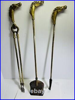 Vtg 1950's 4pc BRASS Fireplace Tools HORSE HEAD HANDLES Poker Shovel Tongs Stand