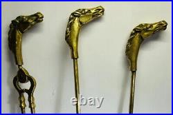 Vtg 1950's 4pc BRASS Fireplace Tools HORSE HEAD HANDLES Poker Shovel Tongs Stand