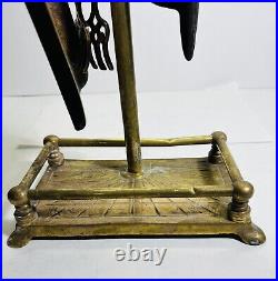 Vtg 1950's 4pc BRASS Fireplace Tools HORSE HEAD HANDLES Poker Shovel Tongs Stand