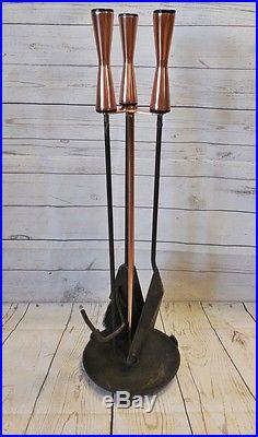 Vtg 1950's 60's Mid Century Modern Fireplace Set Tools Cast Iron Copper Finish