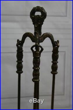 Vtg 3547 Fireplace Tools Brass Wrought Iron Mid Century Heavy Duty 4 Pieces Set