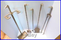 Vtg. 5 PC Brass Duck Head Fireplace Tool Set Broom, Poker, Shovel, Tongs & Stand