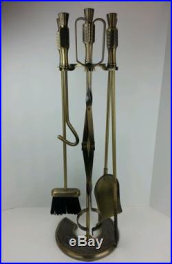 Vtg 5 Piece Brass Fireplace Tool Set with Footed Stand, Broom, Poker, Tongs Shovel