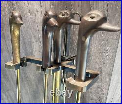 Vtg 5pc Brass Fireplace Tools DUCK HEAD Handle Poker Shovel Broom Tongs Stand