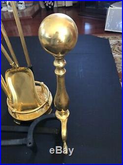 Vtg AAB R 145 Gold Fireplace Andirons & Tool Acsessories Set Ball Top