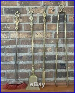 Vtg Antique Solid Brass Fireplace Tool Set Grape Motif Red Bristle French France