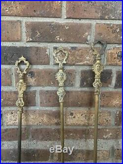 Vtg Antique Solid Brass Fireplace Tool Set Grape Motif Red Bristle French France