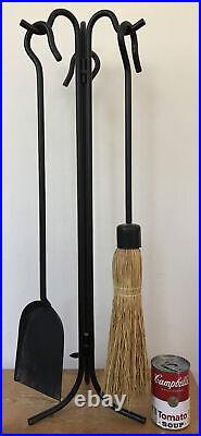 Vtg Antique Style 3 Pc Fireplace Tool Set Poker Scoop Broom Stand Wrought Iron