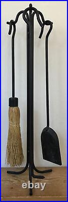 Vtg Antique Style 3 Pc Fireplace Tool Set Poker Scoop Broom Stand Wrought Iron