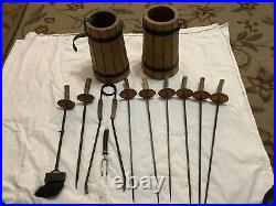 Vtg Antler Handle Fireplace Set Tools 12pc Pokers Brush Wrought Iron W. Germany