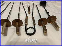 Vtg Antler Handle Fireplace Set Tools 12pc Pokers Brush Wrought Iron W. Germany