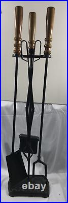 Vtg Blk Wrought Iron Fireplace Tool Set of 4 + Rack with Heafty Hard Wood Handles