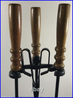 Vtg Blk Wrought Iron Fireplace Tool Set of 4 + Rack with Heafty Hard Wood Handles