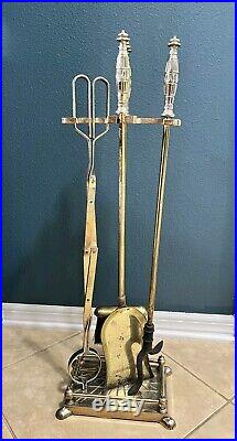 Vtg Brass Fireplace Tool Set Of Base Stand, Tong, sweeper, Poker And Shovel