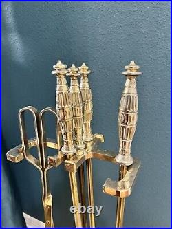 Vtg Brass Fireplace Tool Set Of Base Stand, Tong, sweeper, Poker And Shovel