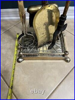 Vtg Brass Fireplace Tool Set Of Base Stand, Tong, sweeper, Poker And Shovel