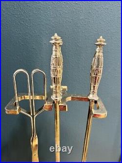 Vtg Brass Fireplace Tool Set Of Base Stand, Tong, sweeper, Poker And Shovel