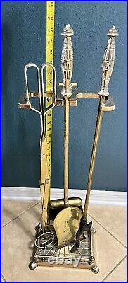 Vtg Brass Fireplace Tool Set Of Base Stand, Tong, sweeper, Poker And Shovel