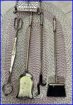 Vtg Brass Fireplace Tool Set Of Base Stand, Tong, sweeper, Poker And Shovel