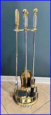 Vtg Brass& Stainless Steel Fireplace Tool Set 5-Stand, Tong, Sweeper, shovel, poker