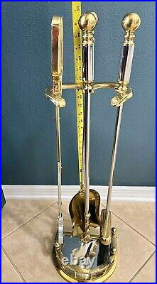 Vtg Brass& Stainless Steel Fireplace Tool Set 5-Stand, Tong, Sweeper, shovel, poker