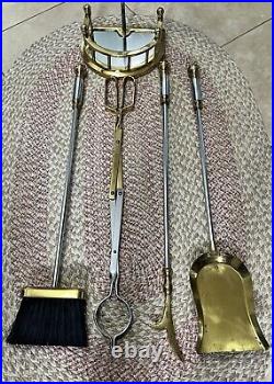 Vtg Brass& Stainless Steel Fireplace Tool Set 5-Stand, Tong, Sweeper, shovel, poker