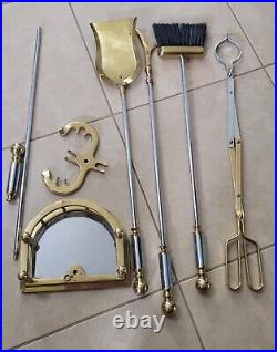 Vtg Brass& Stainless Steel Fireplace Tool Set 5-Stand, Tong, Sweeper, shovel, poker