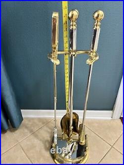 Vtg Brass& Stainless Steel Fireplace Tool Set 5-Stand, Tong, Sweeper, shovel, poker