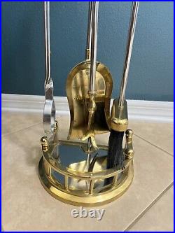 Vtg Brass& Stainless Steel Fireplace Tool Set 5-Stand, Tong, Sweeper, shovel, poker