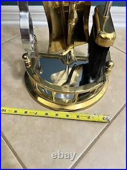 Vtg Brass& Stainless Steel Fireplace Tool Set 5-Stand, Tong, Sweeper, shovel, poker