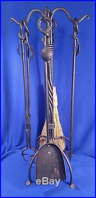 Vtg FIREPLACE 4 PC TOOL SET FORGED WROUGHT IRON STAND ARTS CRAFTS NOUVEAU LEAF